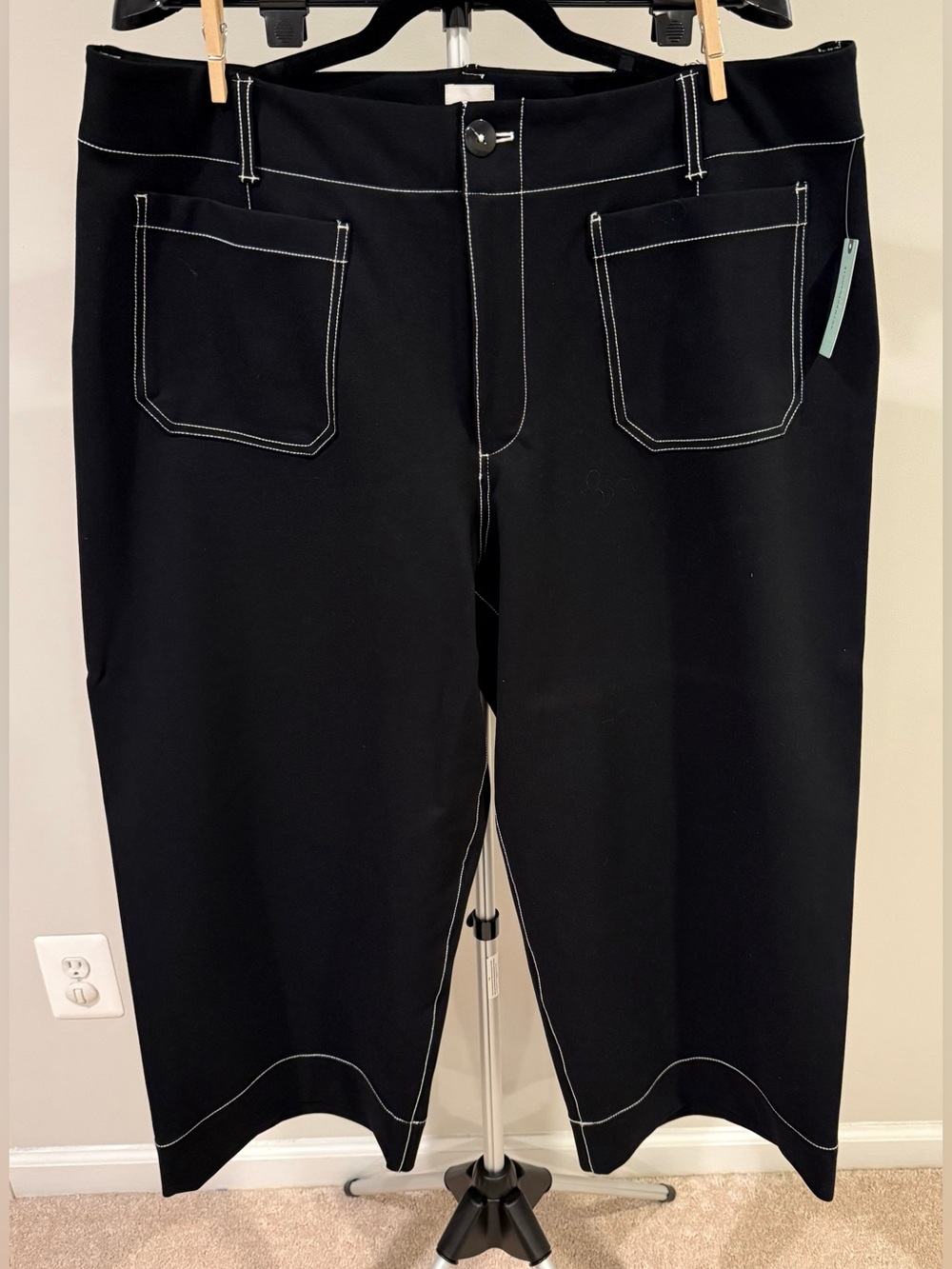 Anthropologie Maeve Colette Cropped Pants Black Ponte White Topstitching 20W NWT